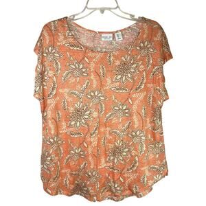 Rachel Zoe 100% linen floral print top, peach/brown/cream, size L, EUC